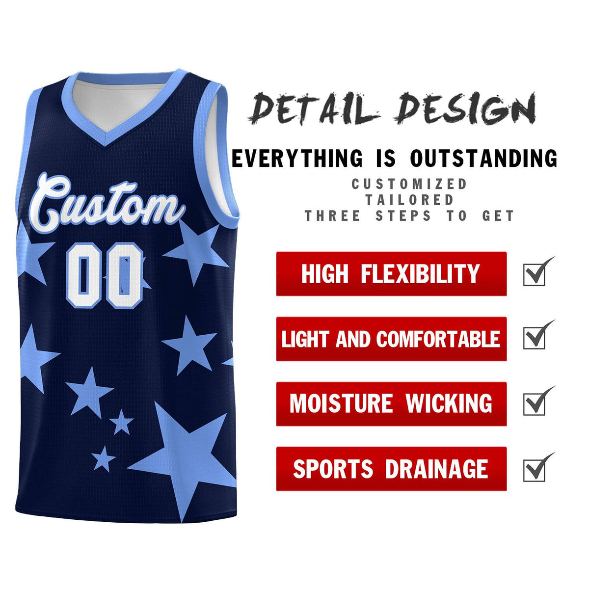 Custom Navy Light Blue Graffiti Pattern Star Print Basketball Jersey Kits|KXKSHOP