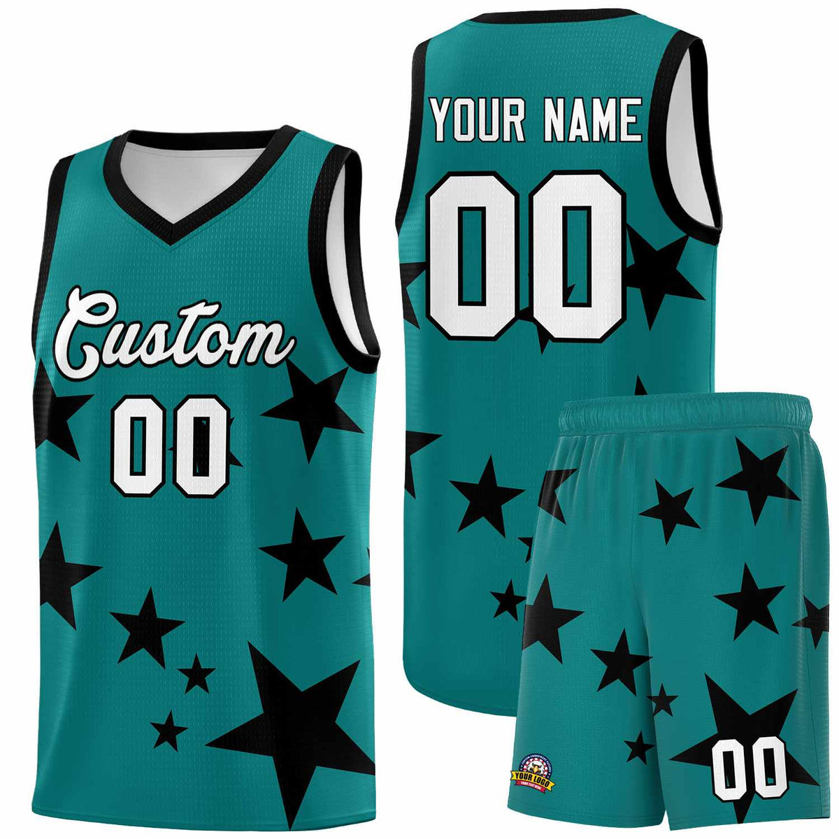 Custom Aqua Black Graffiti Pattern Star Print Basketball Jersey Kits|KXKSHOP
