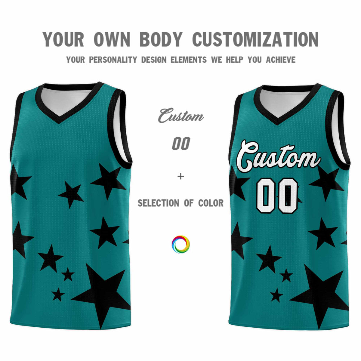 Custom Aqua Black Graffiti Pattern Star Print Basketball Jersey Kits|KXKSHOP