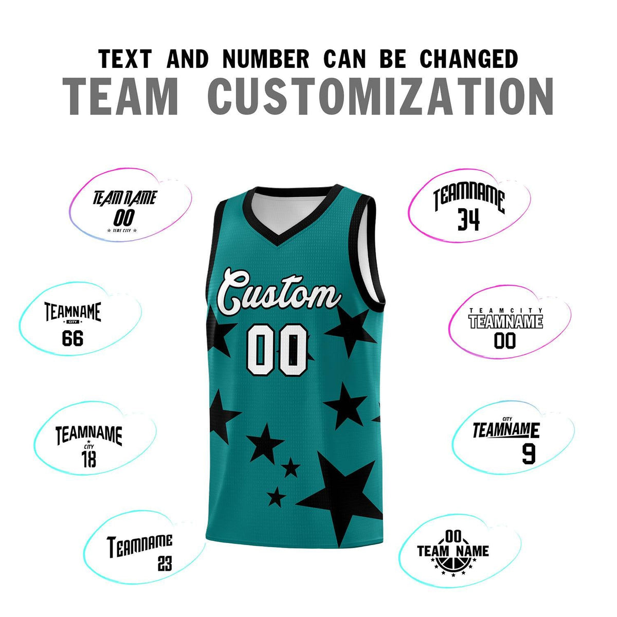 Custom Aqua Black Graffiti Pattern Star Print Basketball Jersey Kits|KXKSHOP