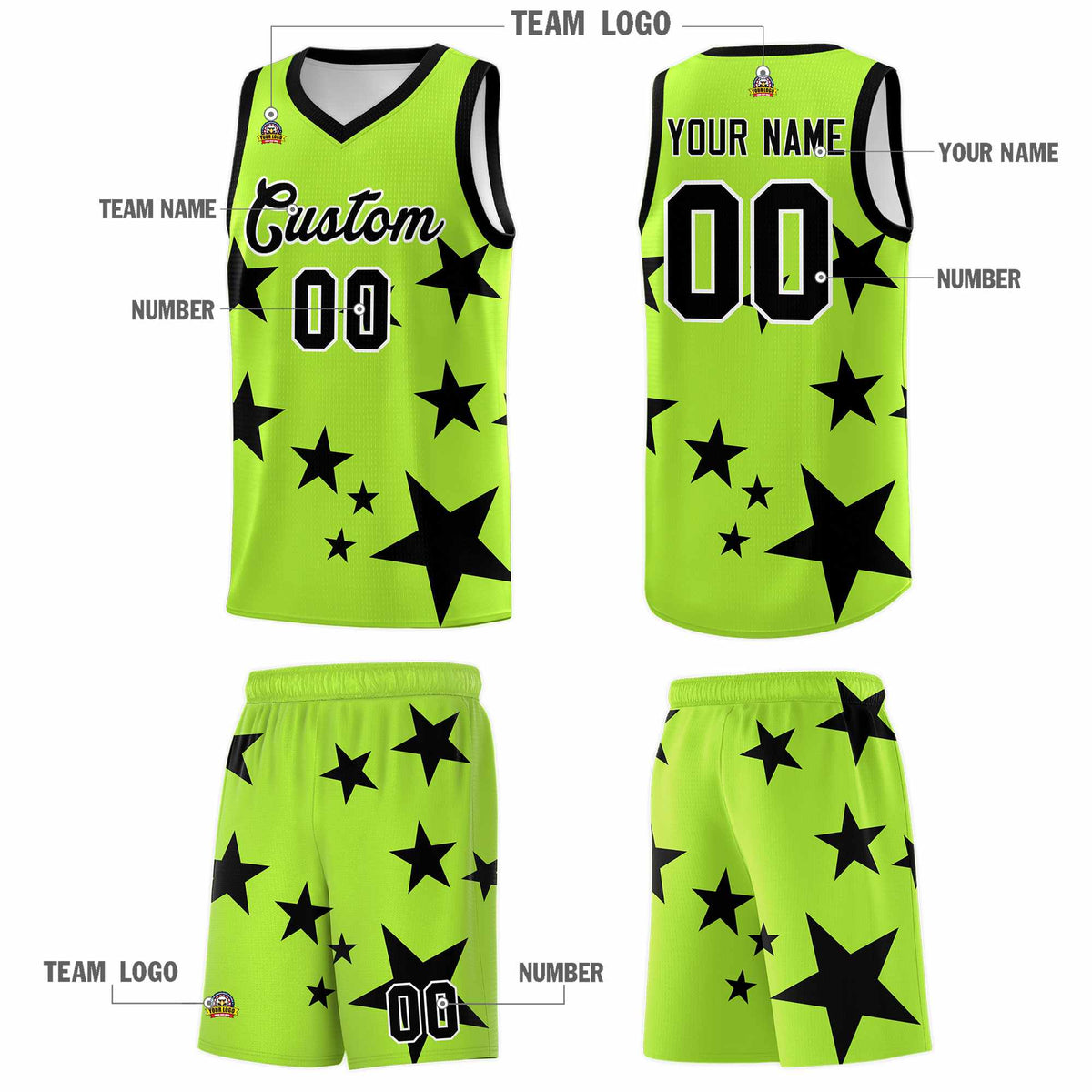 Custom Light Green Black Graffiti Pattern Star Print Basketball Jersey Kits|KXKSHOP