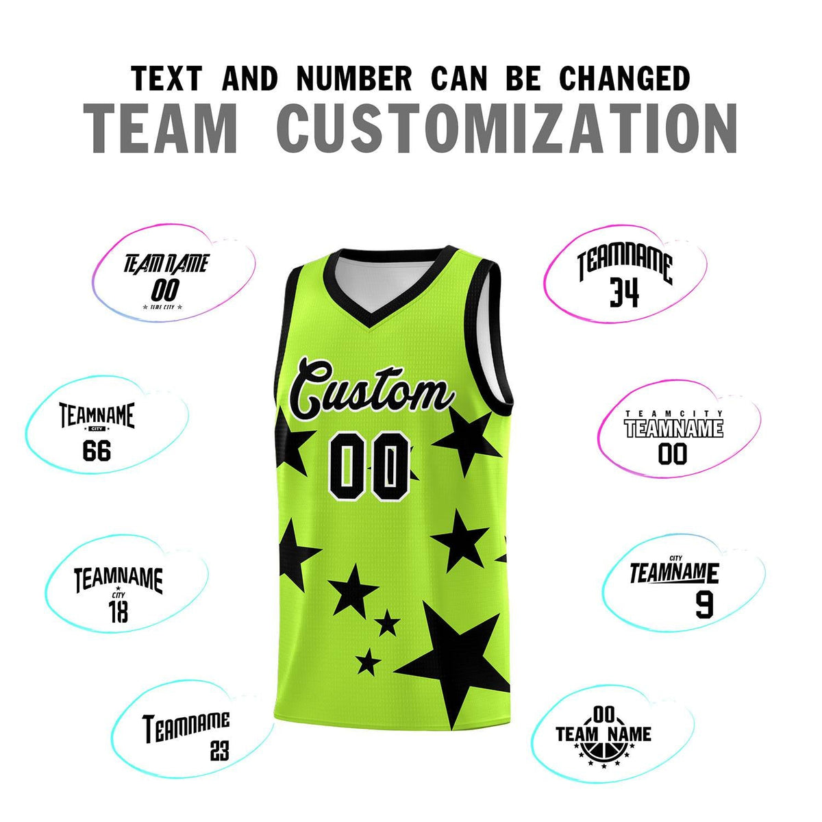 Custom Light Green Black Graffiti Pattern Star Print Basketball Jersey Kits|KXKSHOP