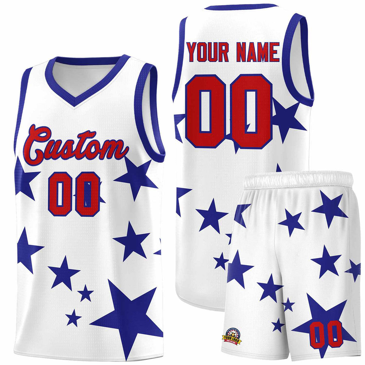 Custom White Royal Graffiti Pattern Star Print Basketball Jersey Kits|KXKSHOP