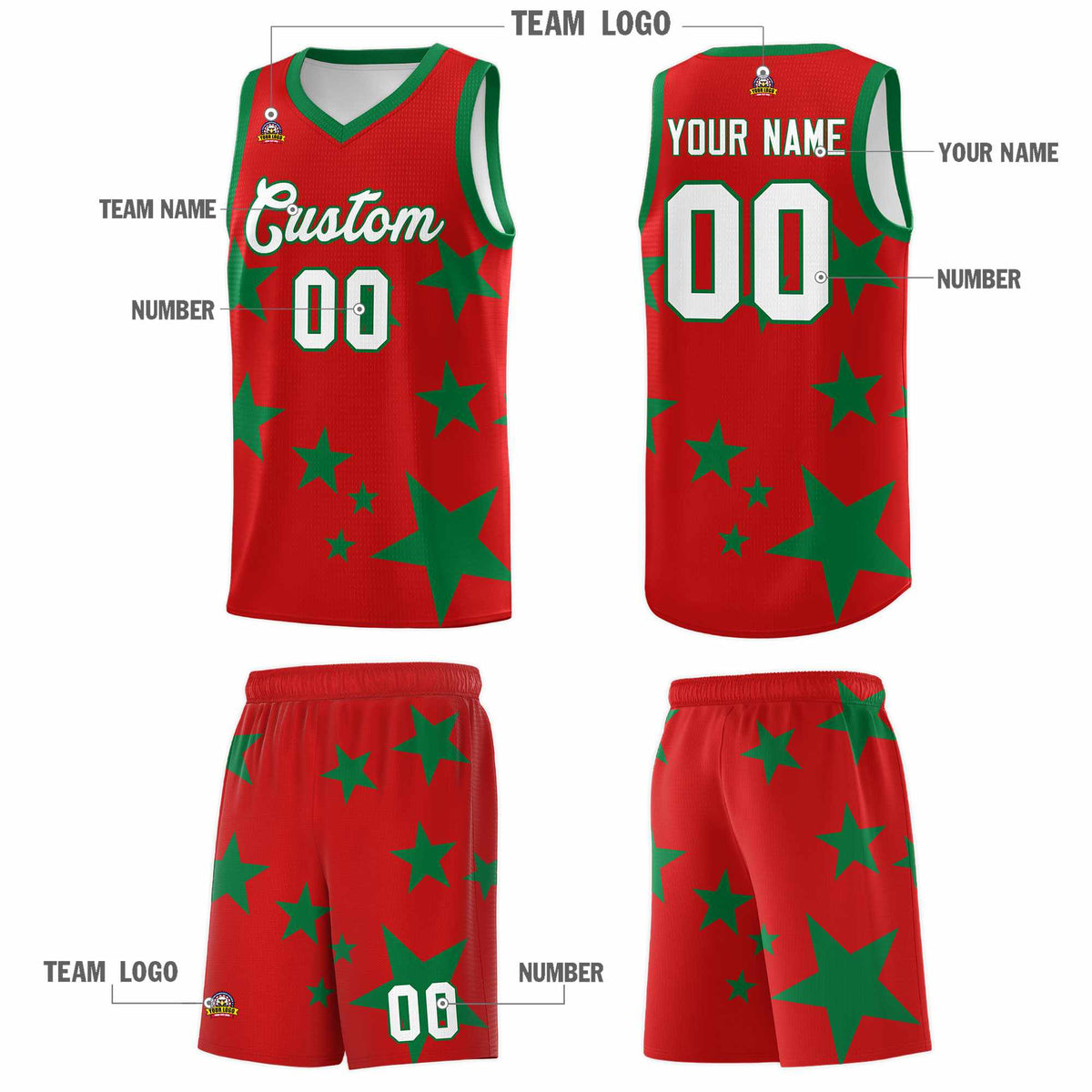 Custom Red Kelly Green Graffiti Pattern Star Print Basketball Jersey Kits|KXKSHOP