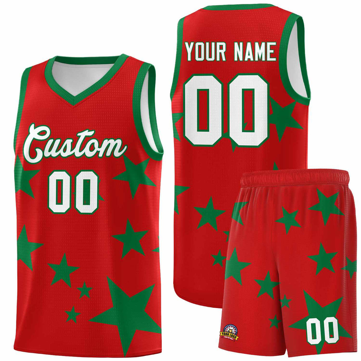 Custom Red Kelly Green Graffiti Pattern Star Print Basketball Jersey Kits|KXKSHOP