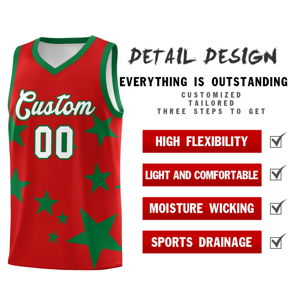 Custom Red Kelly Green Graffiti Pattern Star Print Basketball Jersey Kits|KXKSHOP