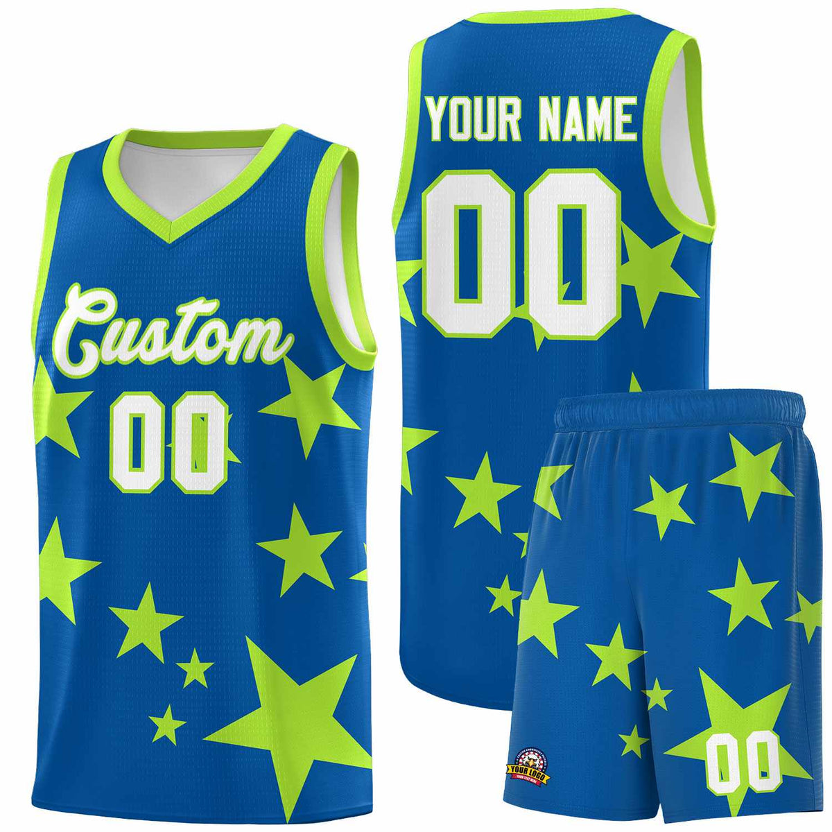 Custom Royal Light Green Graffiti Pattern Star Print Basketball Jersey Kits|KXKSHOP