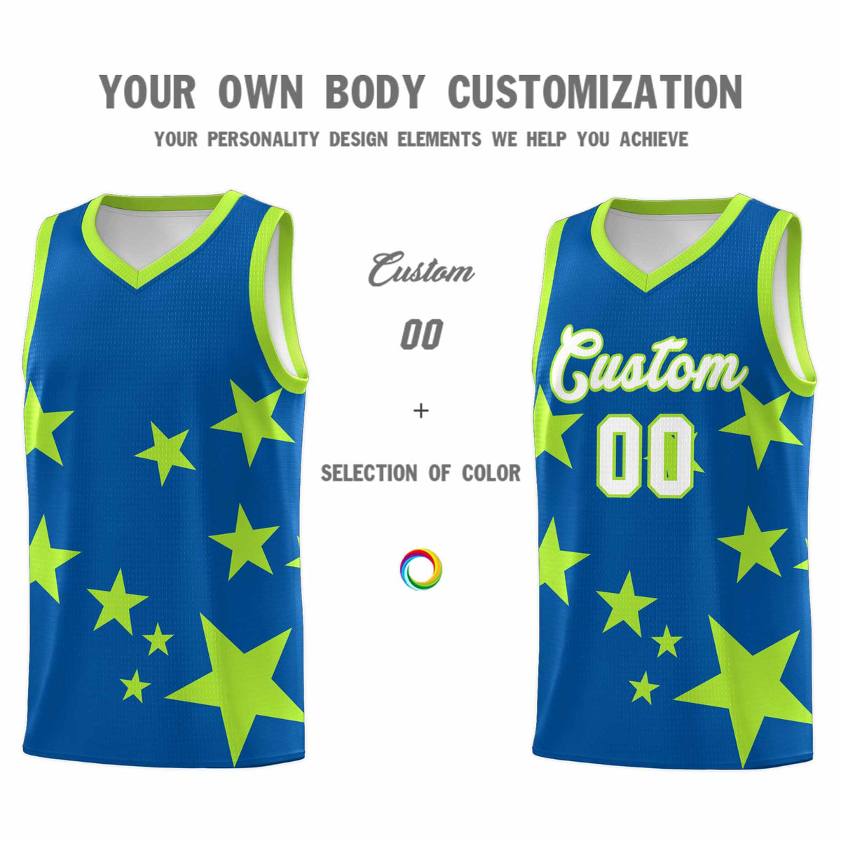 Custom Royal Light Green Graffiti Pattern Star Print Basketball Jersey Kits|KXKSHOP
