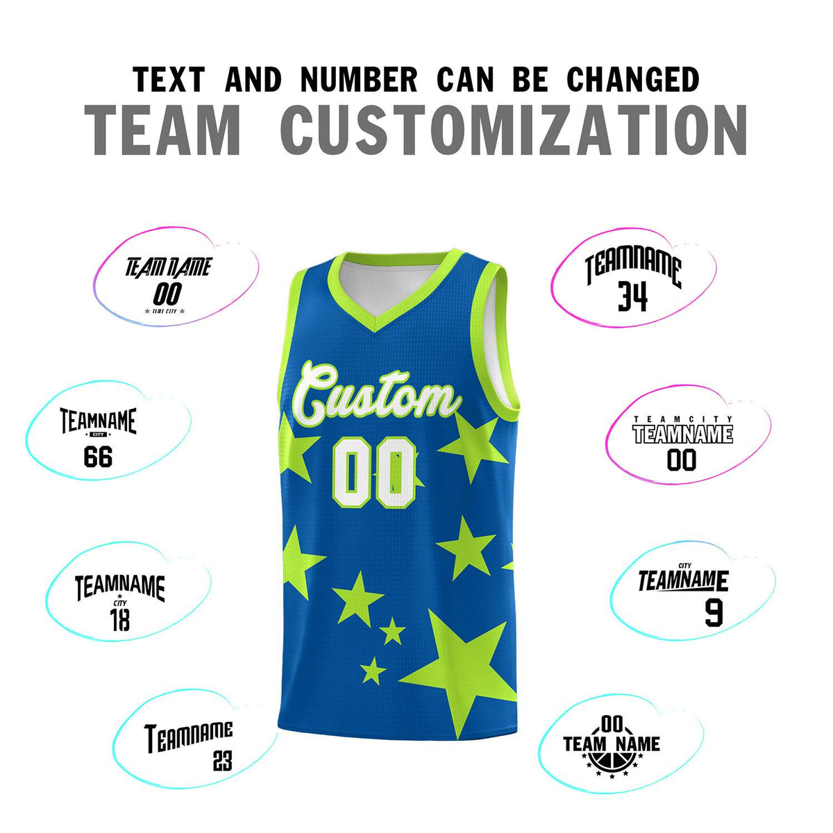 Custom Royal Light Green Graffiti Pattern Star Print Basketball Jersey Kits|KXKSHOP