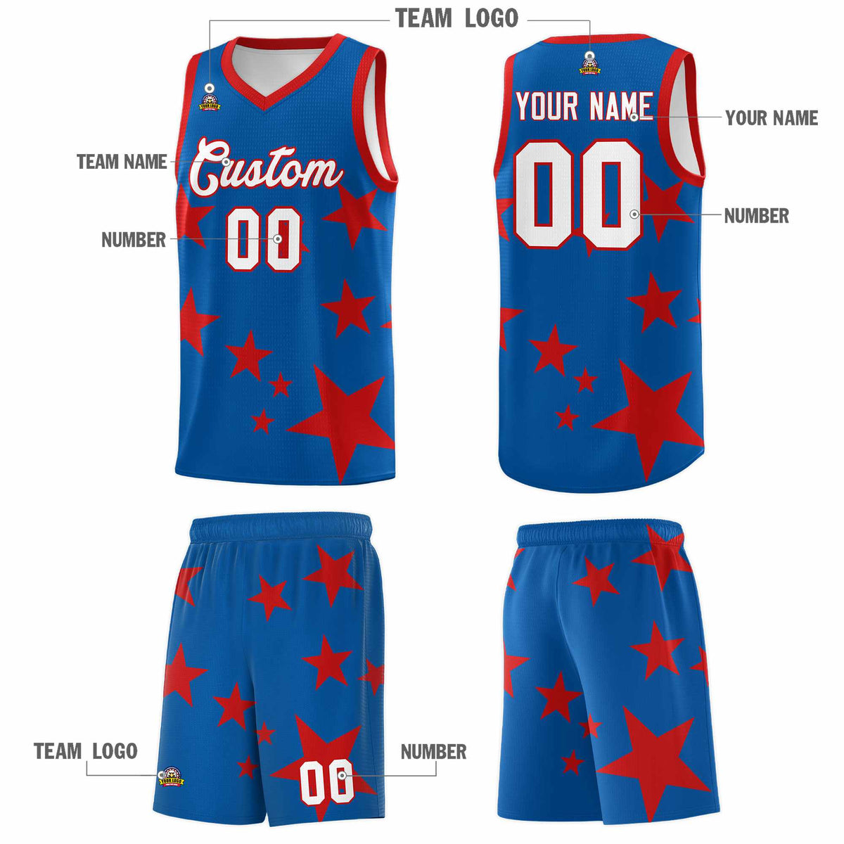 Custom Royal Red Graffiti Pattern Star Print Basketball Jersey Kits|KXKSHOP