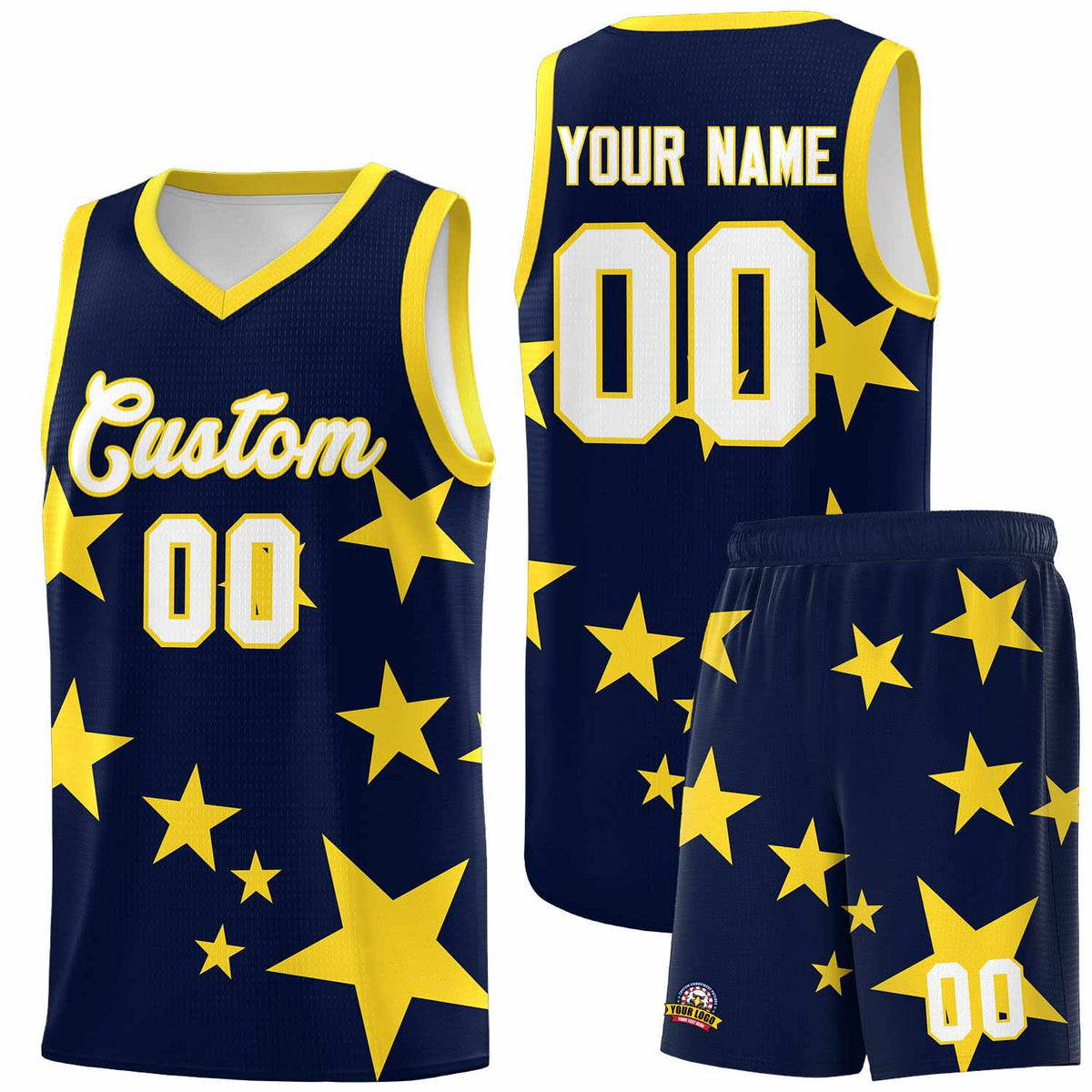 Custom Navy Gold Graffiti Pattern Star Print Basketball Jersey Kits|KXKSHOP