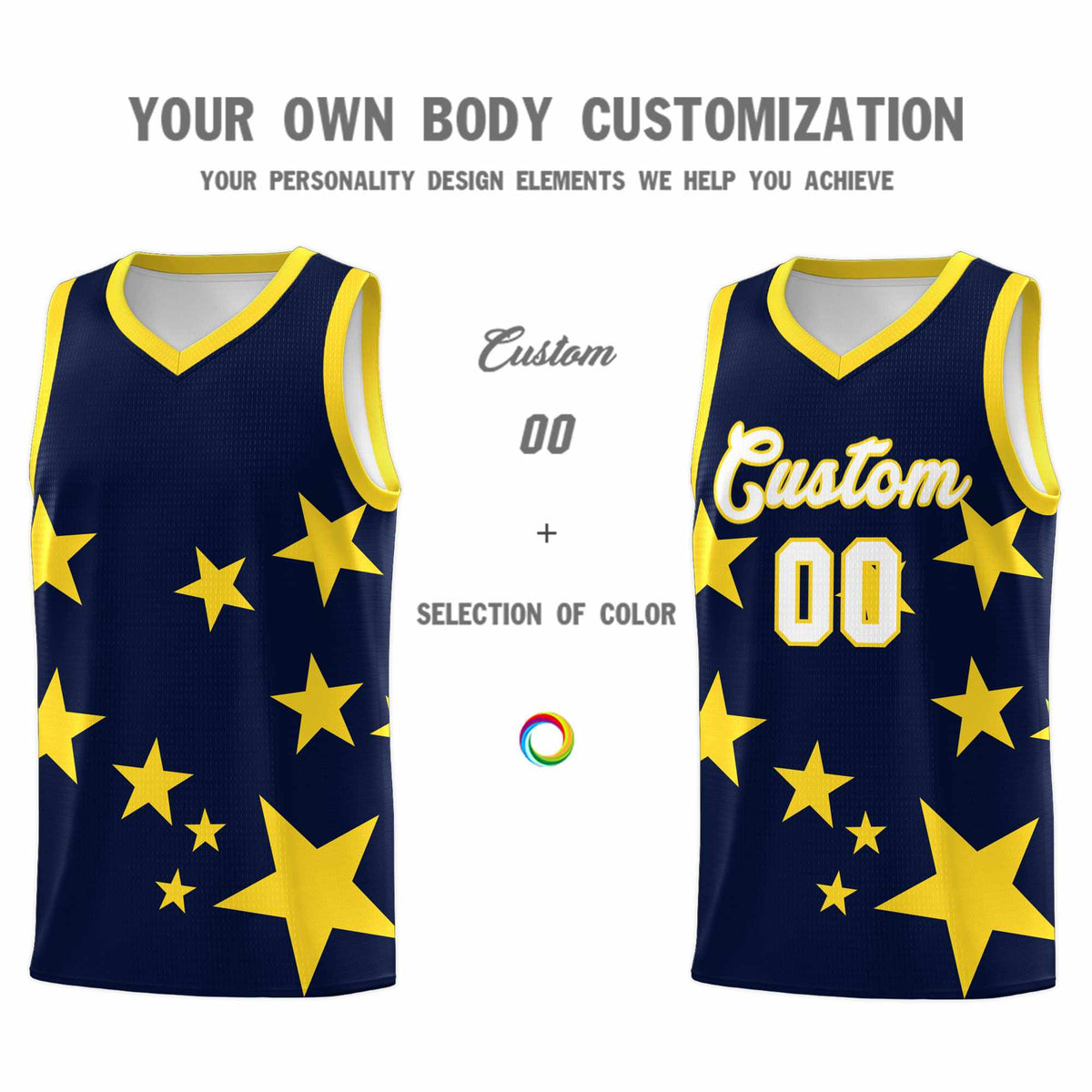 Custom Navy Gold Graffiti Pattern Star Print Basketball Jersey Kits|KXKSHOP