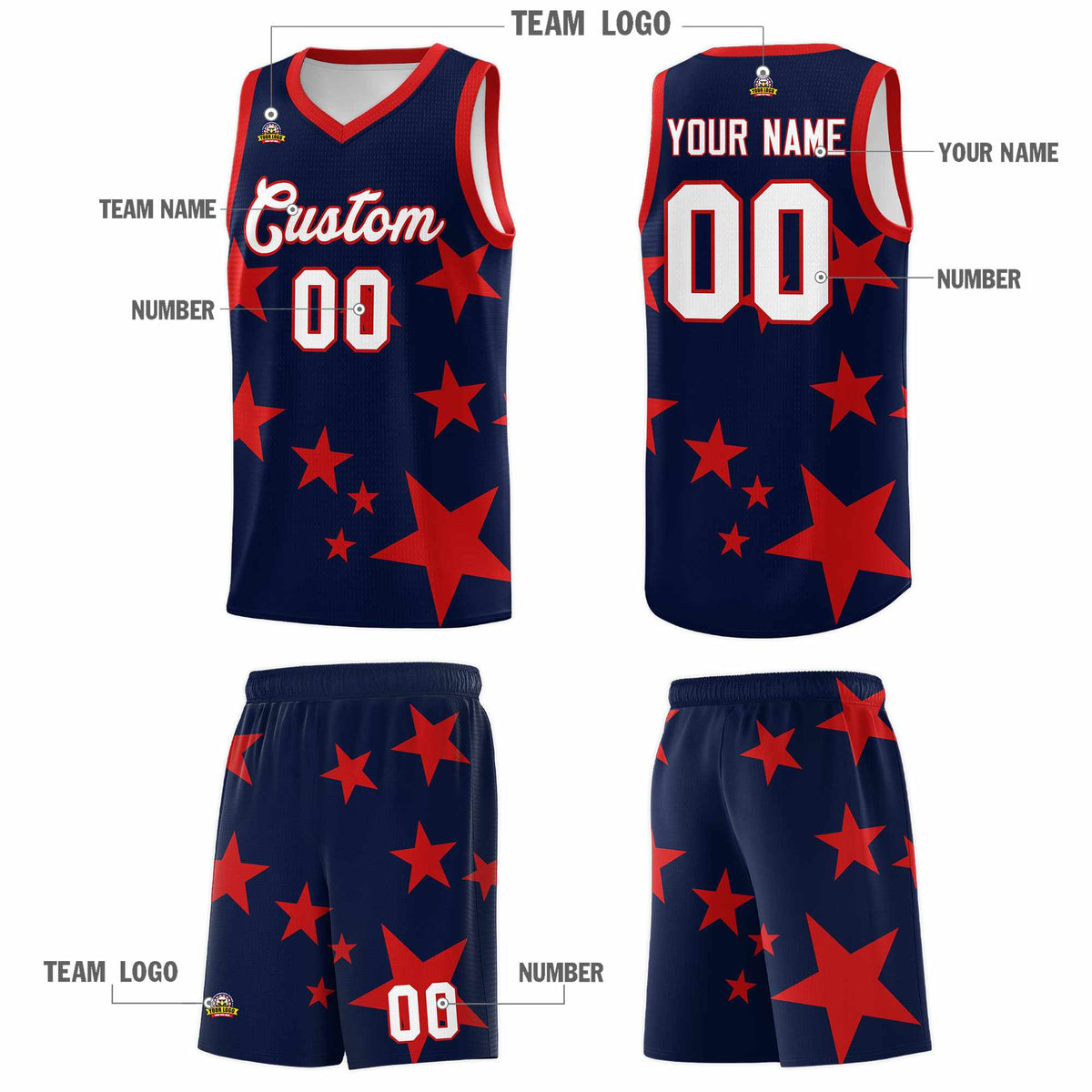 Custom Navy Red Graffiti Pattern Star Print Basketball Jersey Kits|KXKSHOP