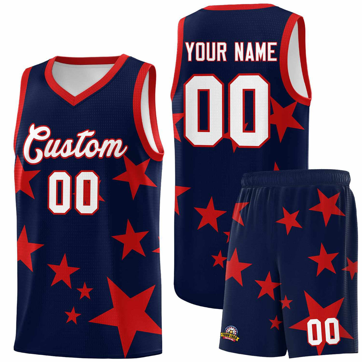 Custom Navy Red Graffiti Pattern Star Print Basketball Jersey Kits|KXKSHOP