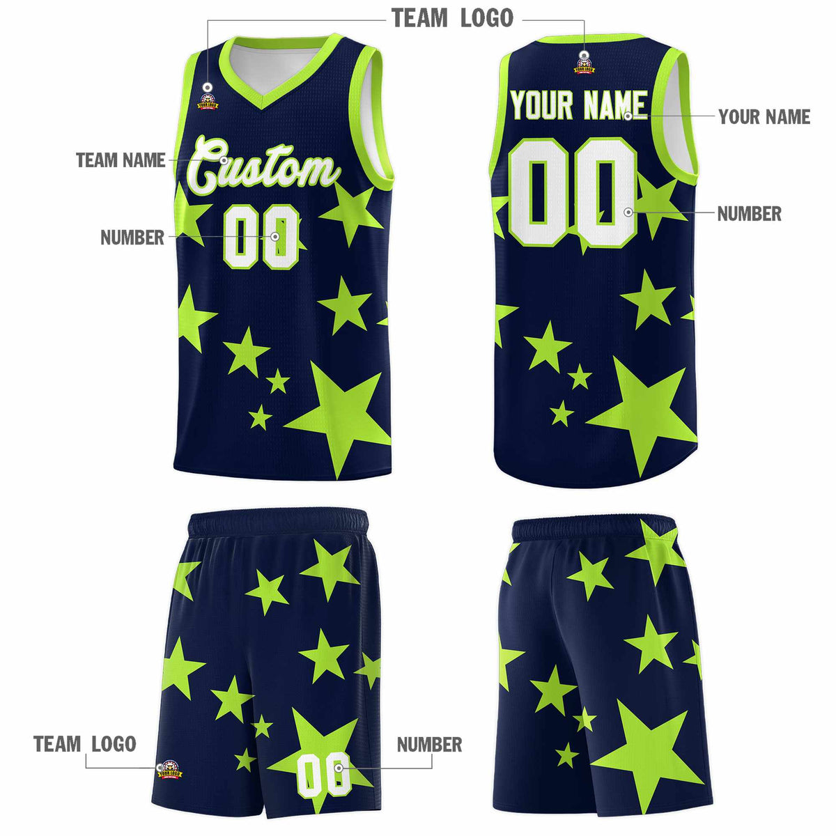 Custom Navy Light Green Graffiti Pattern Star Print Basketball Jersey Kits|KXKSHOP