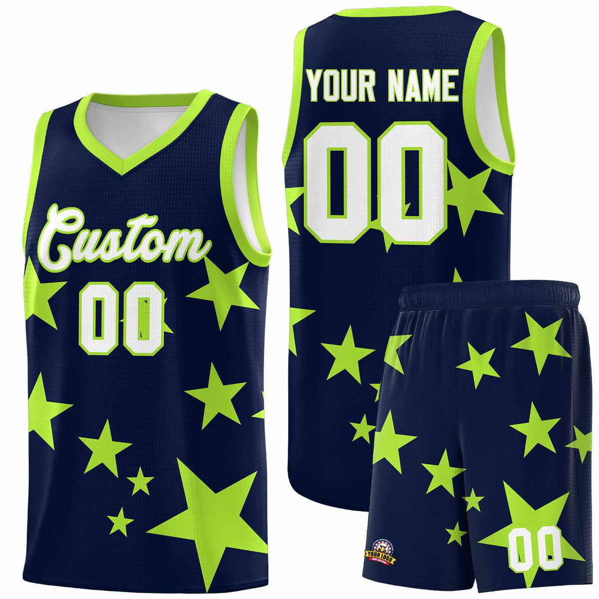 Custom Navy Light Green Graffiti Pattern Star Print Basketball Jersey Kits|KXKSHOP