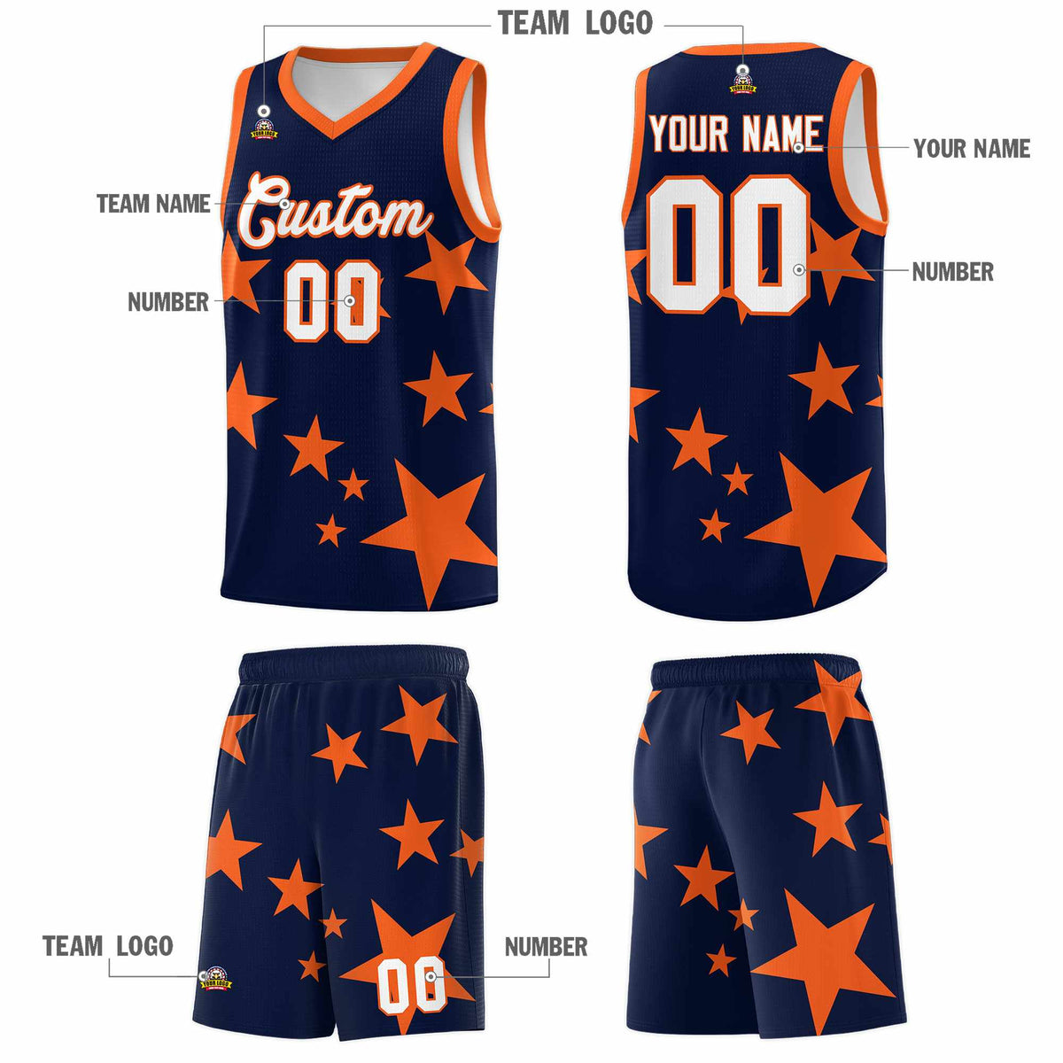 Custom Navy Orange Graffiti Pattern Star Print Basketball Jersey Kits|KXKSHOP