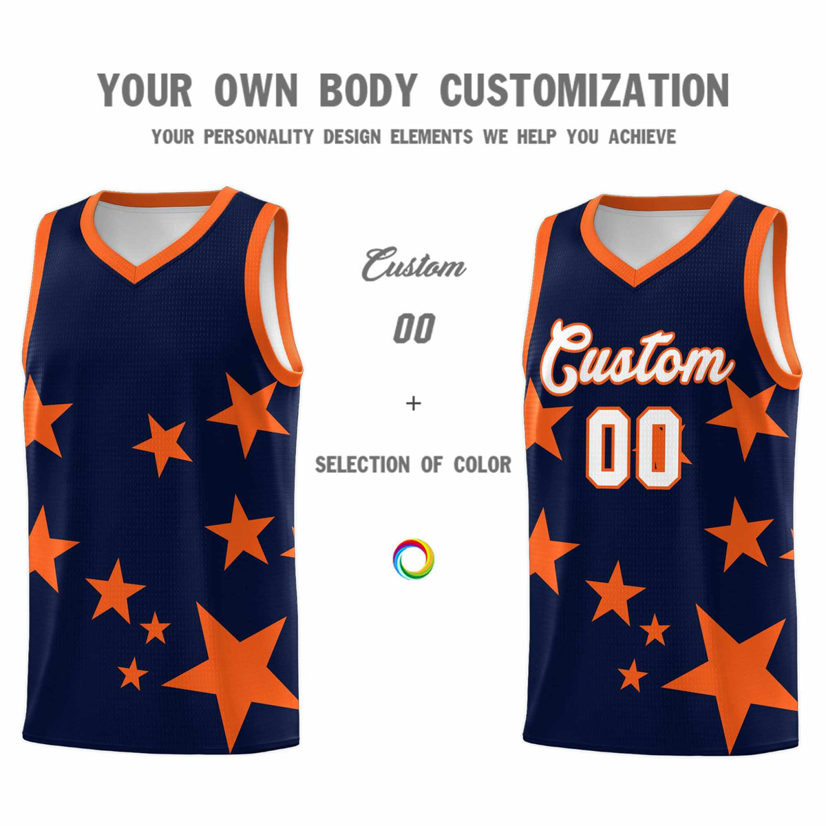 Custom Navy Orange Graffiti Pattern Star Print Basketball Jersey Kits|KXKSHOP