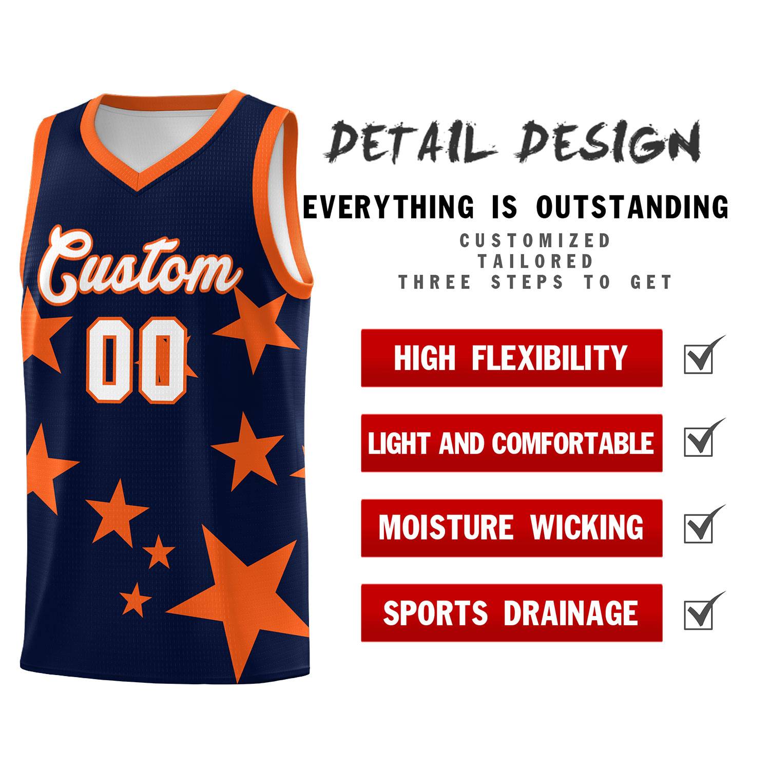 Custom Navy Orange Graffiti Pattern Star Print Basketball Jersey Kits|KXKSHOP
