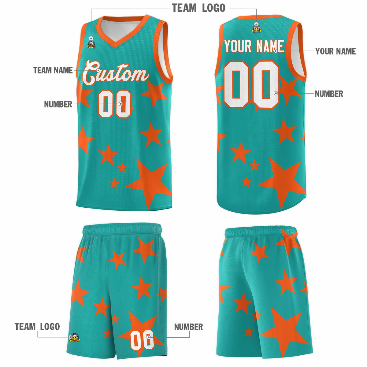 Custom Aqua Orange Graffiti Pattern Star Print Basketball Jersey Kits|KXKSHOP