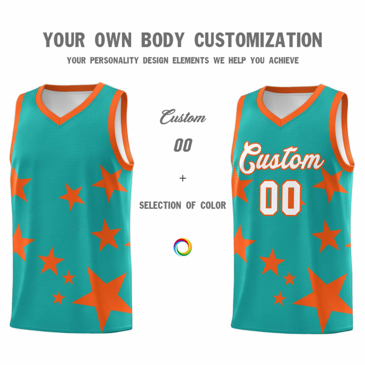 Custom Aqua Orange Graffiti Pattern Star Print Basketball Jersey Kits|KXKSHOP