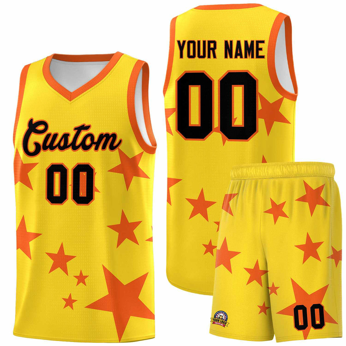 Custom Gold Orange Graffiti Pattern Star Print Basketball Jersey Kits|KXKSHOP