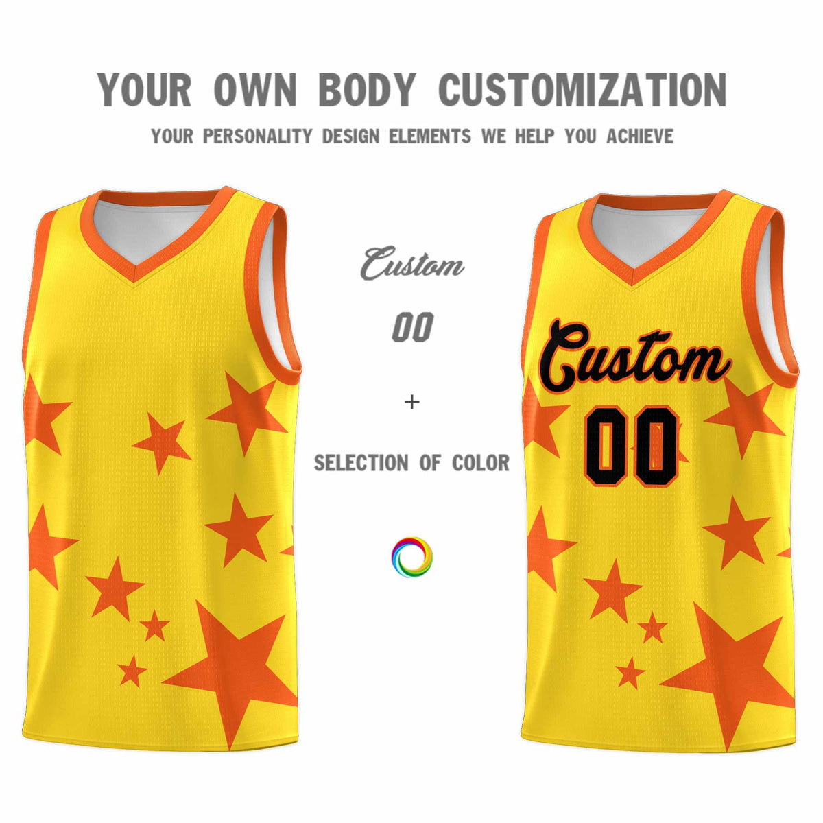 Custom Gold Orange Graffiti Pattern Star Print Basketball Jersey Kits|KXKSHOP