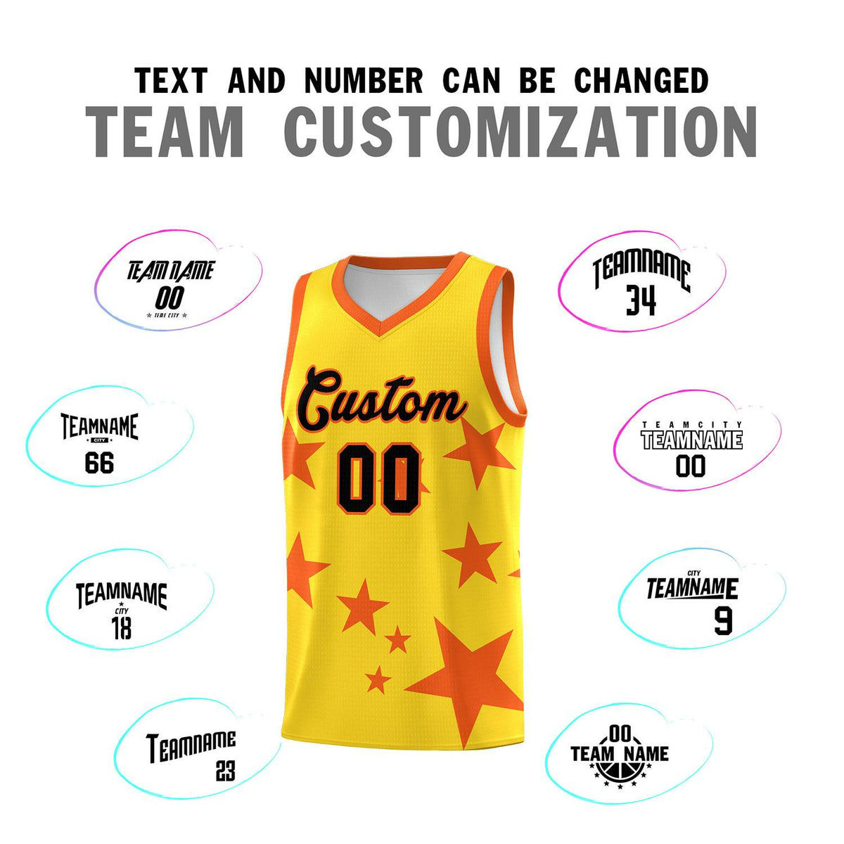 Custom Gold Orange Graffiti Pattern Star Print Basketball Jersey Kits|KXKSHOP