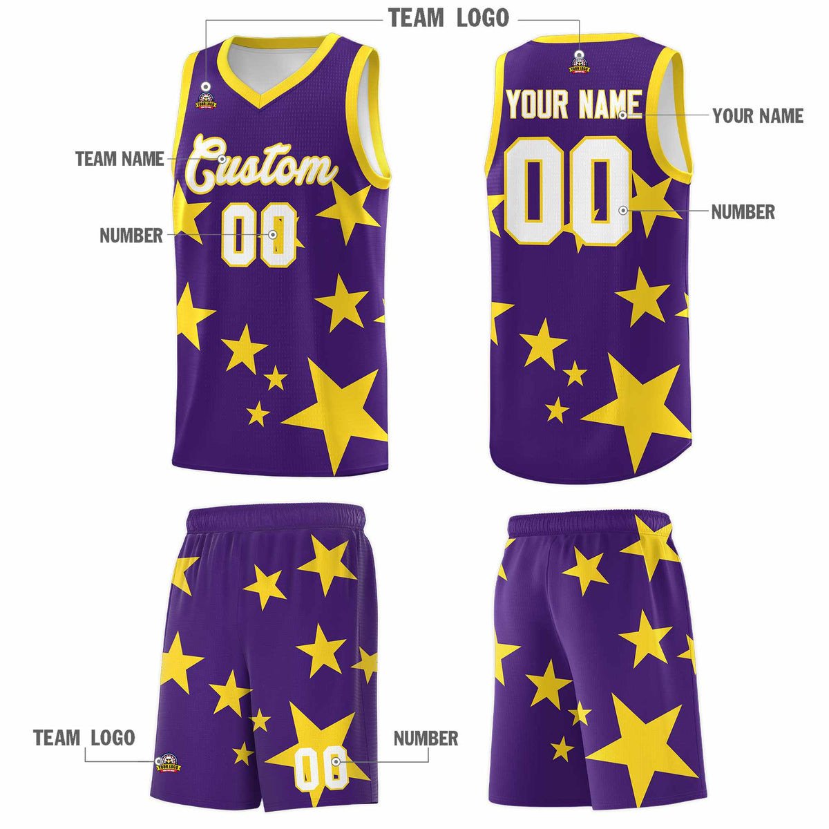 Custom Purple Gold Graffiti Pattern Star Print Basketball Jersey Kits|KXKSHOP