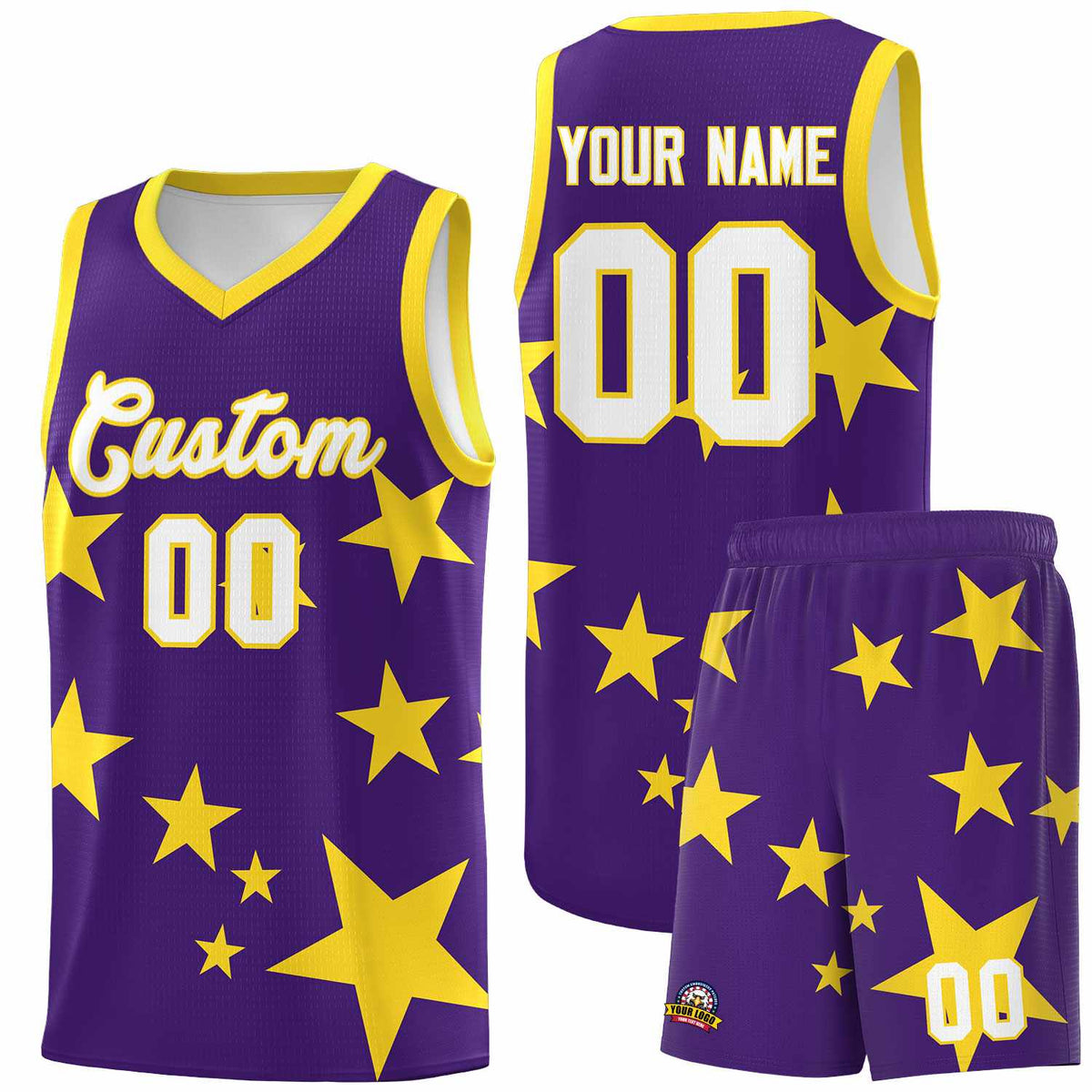 Custom Purple Gold Graffiti Pattern Star Print Basketball Jersey Kits|KXKSHOP