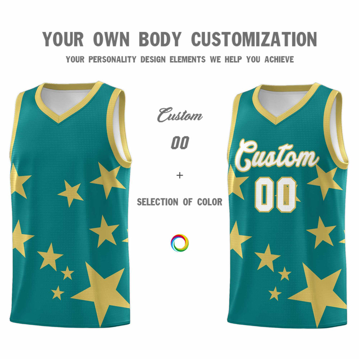 Custom Aqua Old Gold Graffiti Pattern Star Print Basketball Jersey Kits|KXKSHOP