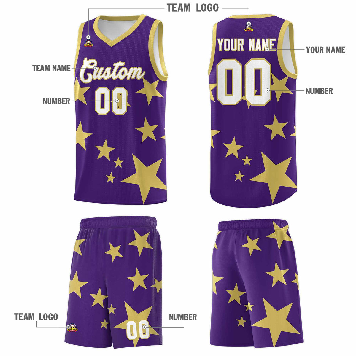 Custom Purple Old Gold Graffiti Pattern Star Print Basketball Jersey Kits|KXKSHOP