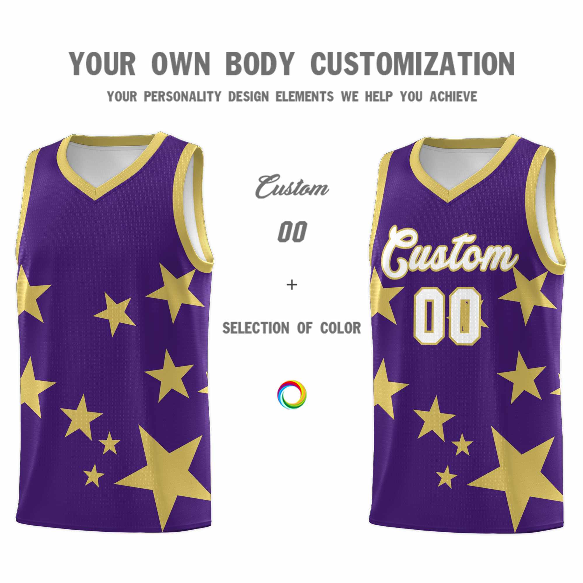 Custom Purple Old Gold Graffiti Pattern Star Print Basketball Jersey Kits|KXKSHOP