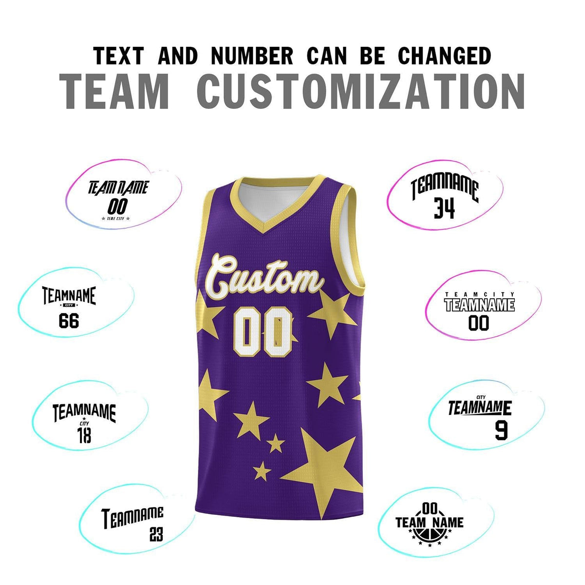 Custom Purple Old Gold Graffiti Pattern Star Print Basketball Jersey Kits|KXKSHOP