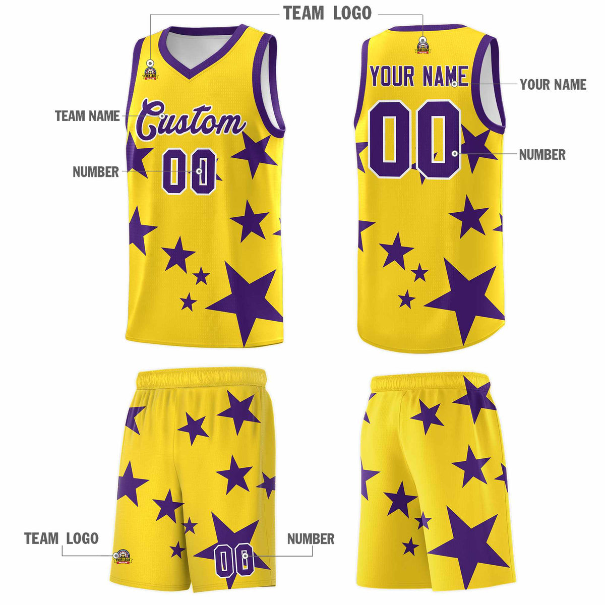 Custom Gold Purple Graffiti Pattern Star Print Basketball Jersey Kits|KXKSHOP