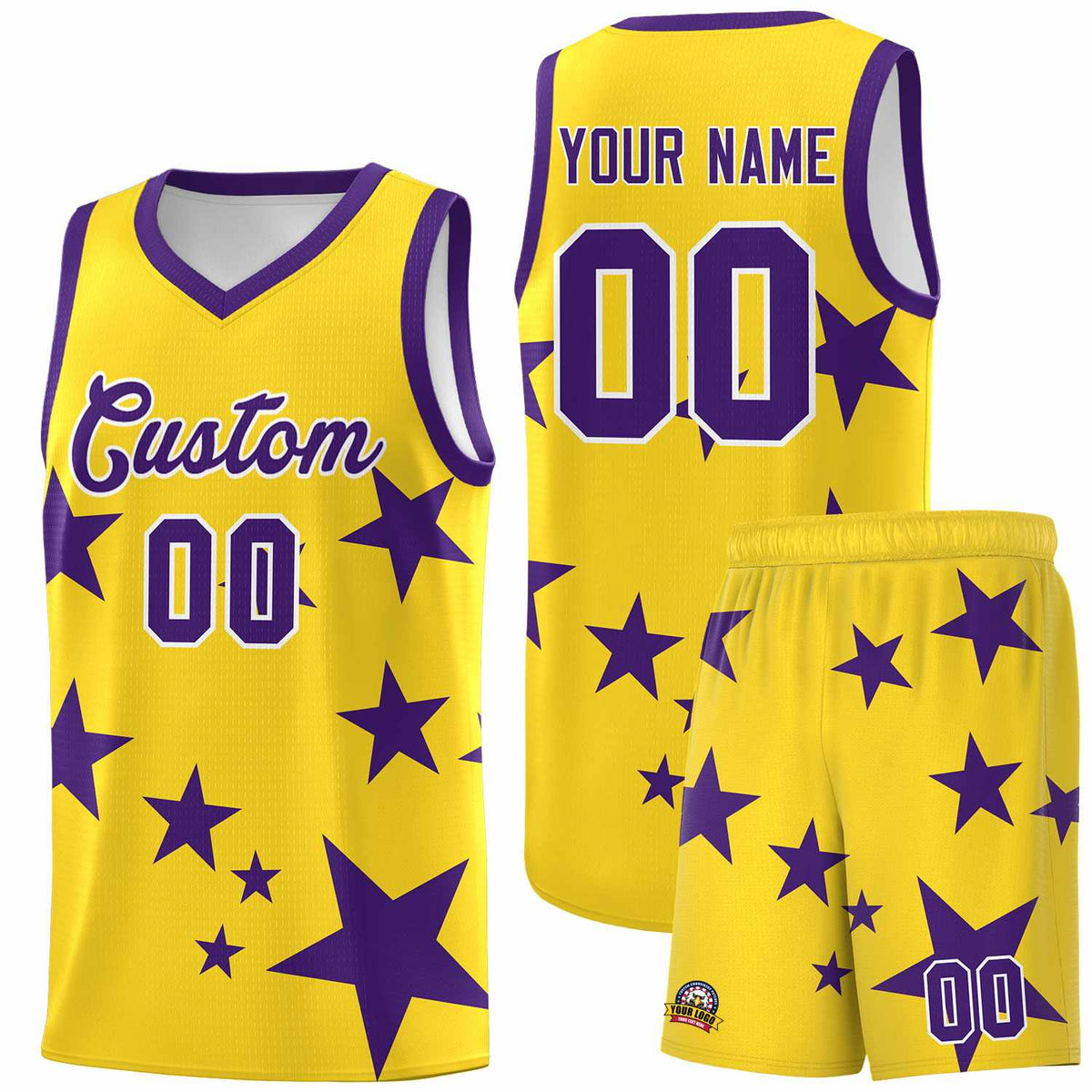 Custom Gold Purple Graffiti Pattern Star Print Basketball Jersey Kits|KXKSHOP
