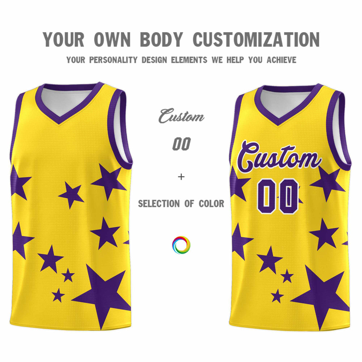 Custom Gold Purple Graffiti Pattern Star Print Basketball Jersey Kits|KXKSHOP