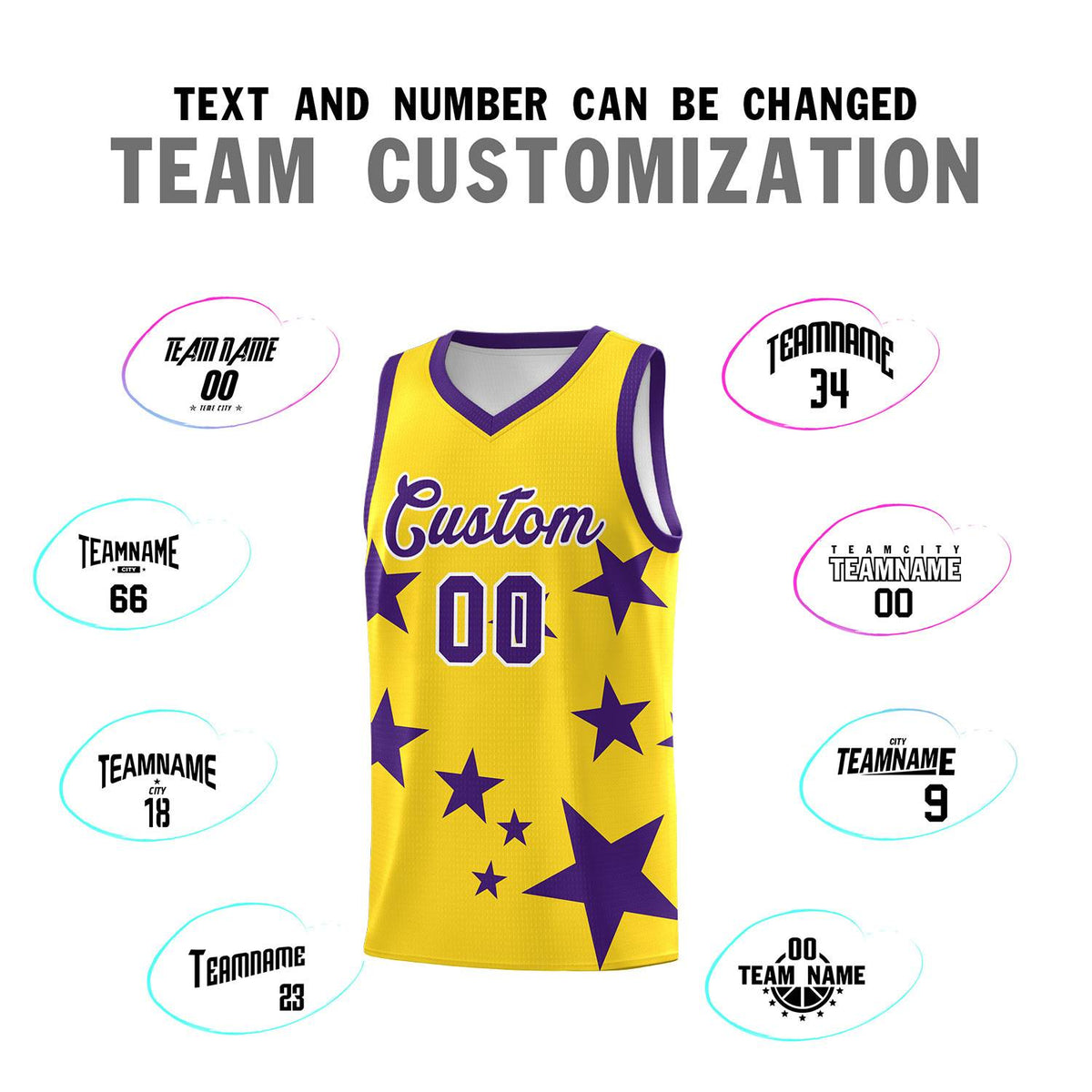 Custom Gold Purple Graffiti Pattern Star Print Basketball Jersey Kits|KXKSHOP