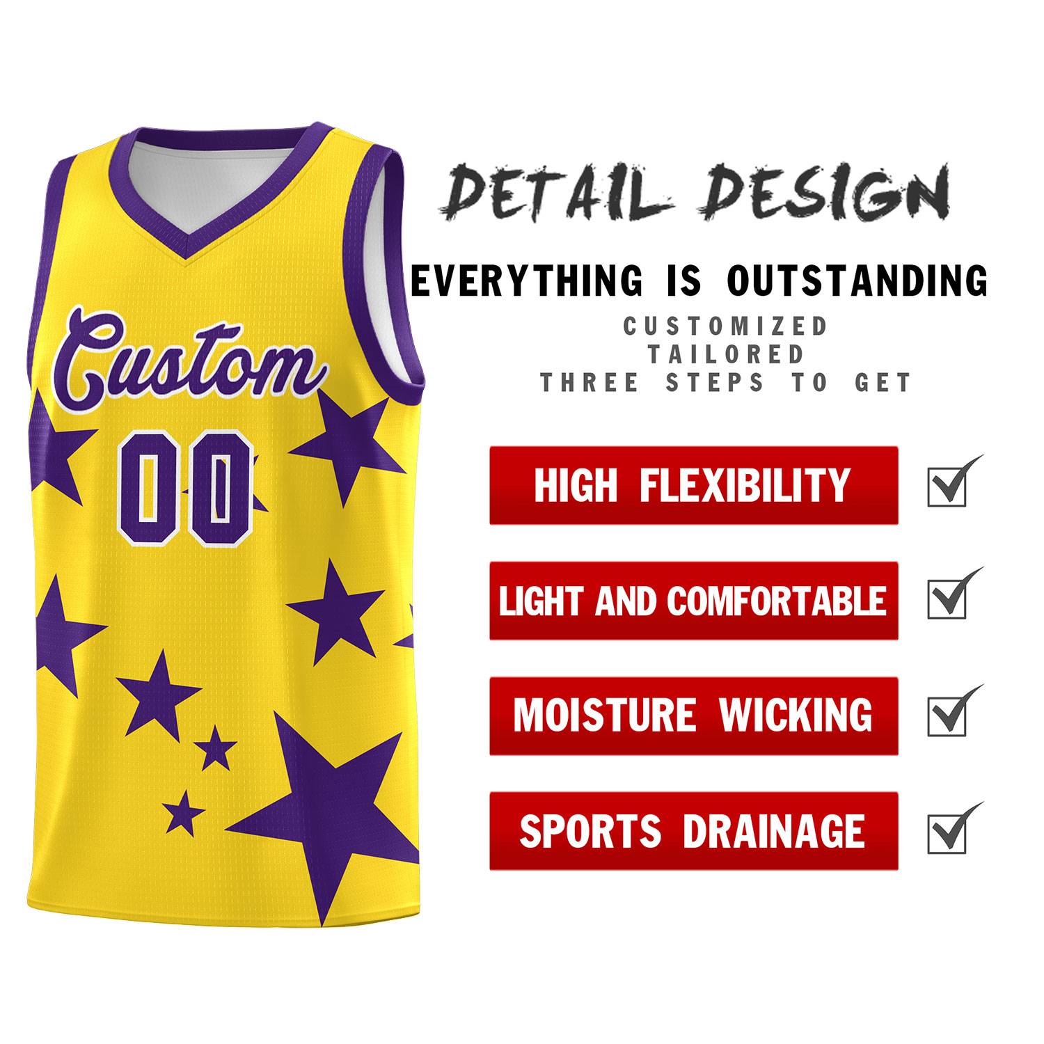 Custom Gold Purple Graffiti Pattern Star Print Basketball Jersey Kits|KXKSHOP