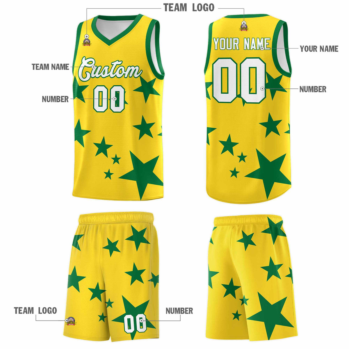Custom Gold Kelly Green Graffiti Pattern Star Print Basketball Jersey Kits|KXKSHOP