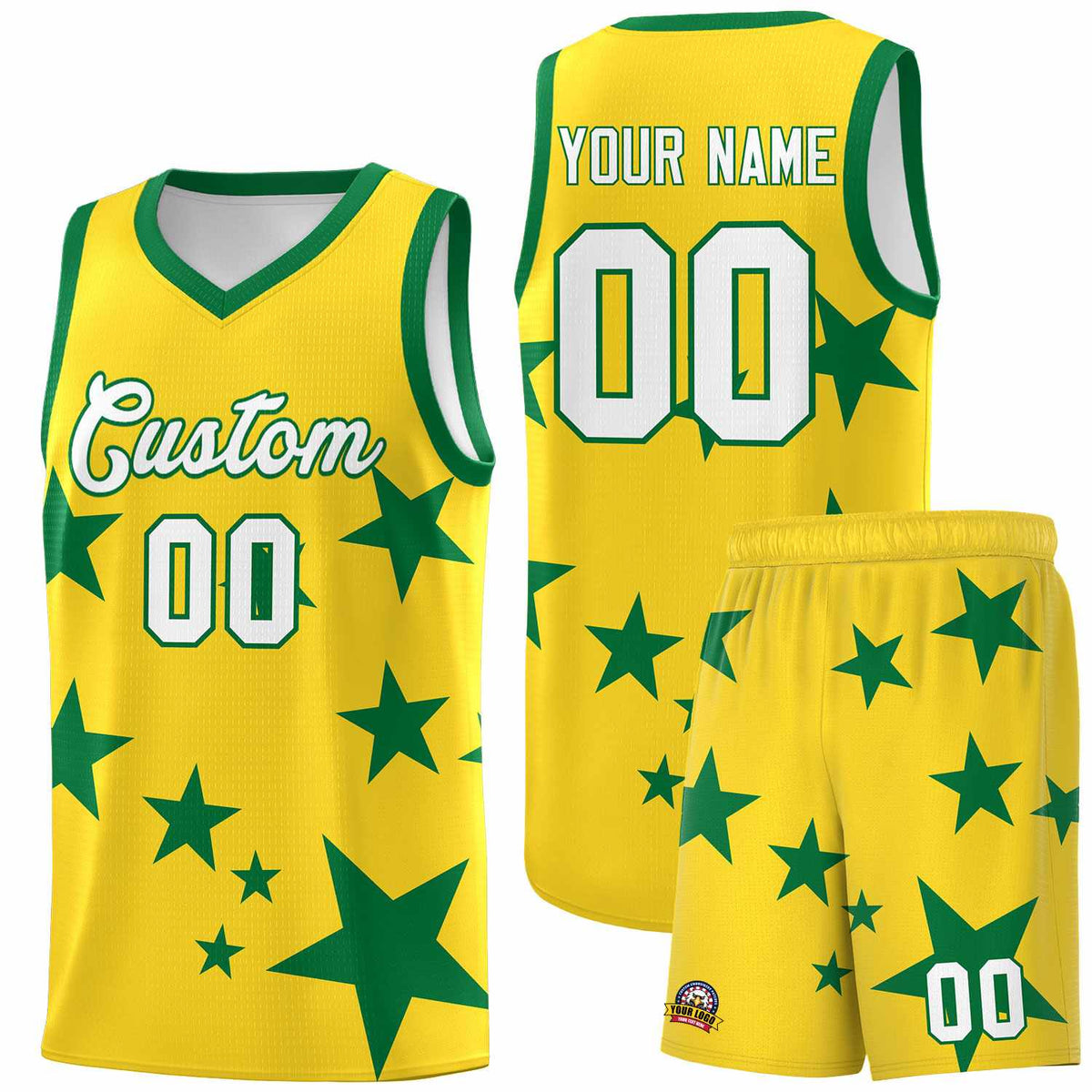Custom Gold Kelly Green Graffiti Pattern Star Print Basketball Jersey Kits|KXKSHOP
