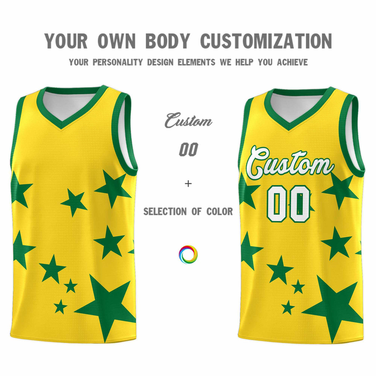 Custom Gold Kelly Green Graffiti Pattern Star Print Basketball Jersey Kits|KXKSHOP
