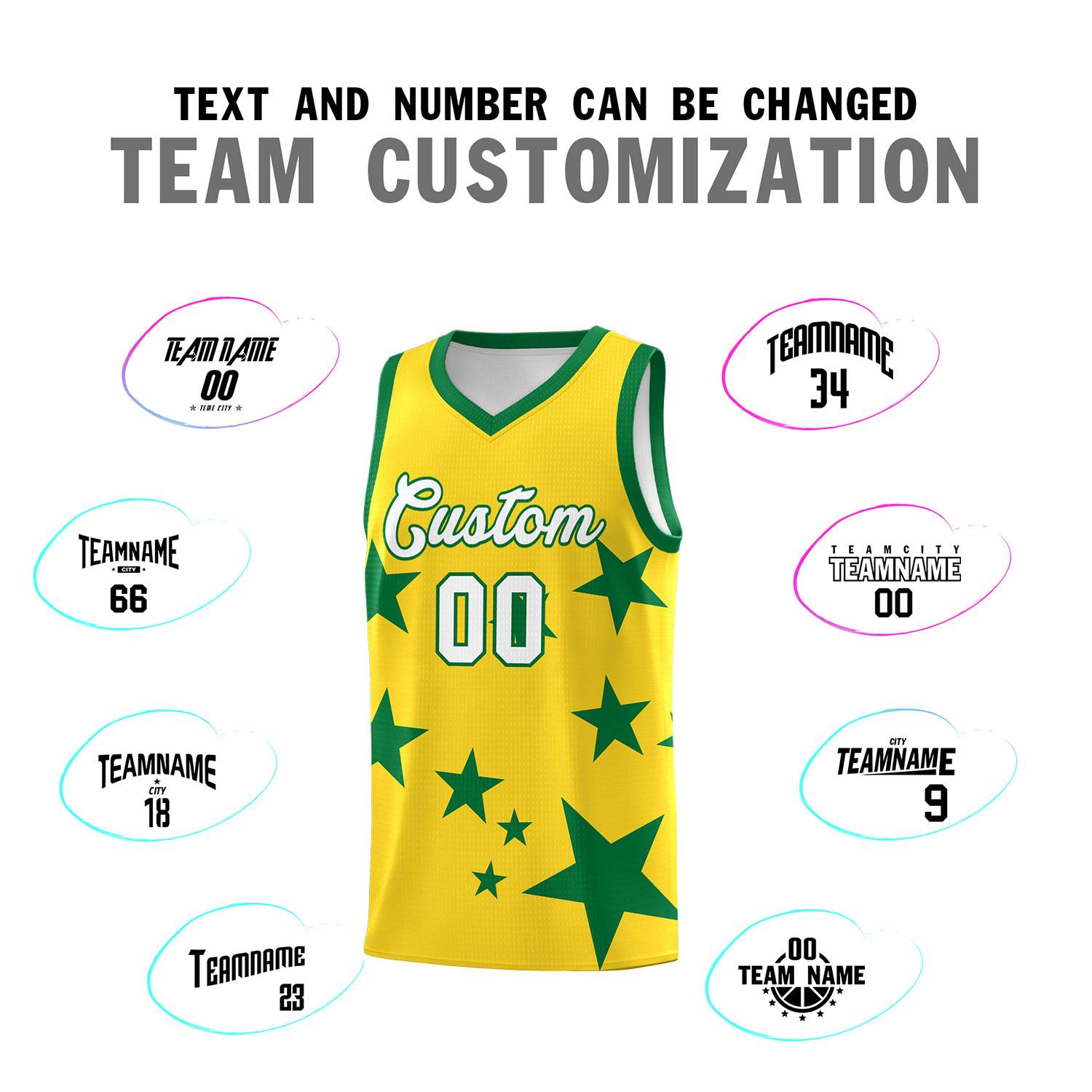 Custom Gold Kelly Green Graffiti Pattern Star Print Basketball Jersey Kits|KXKSHOP