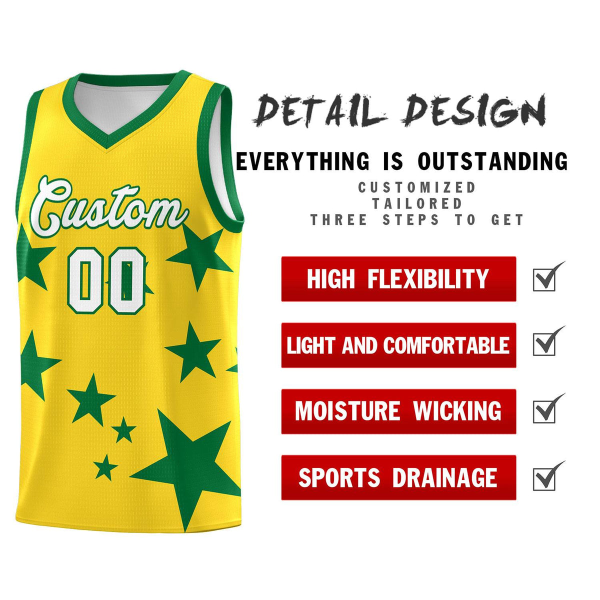 Custom Gold Kelly Green Graffiti Pattern Star Print Basketball Jersey Kits|KXKSHOP