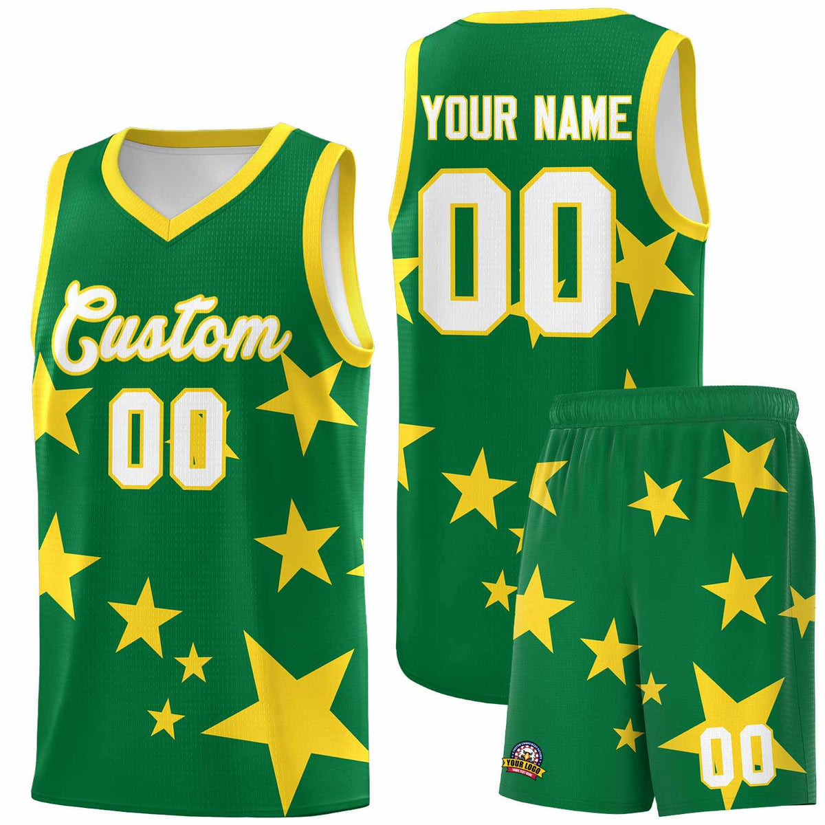 Custom Kelly Green Gold Graffiti Pattern Star Print Basketball Jersey Kits|KXKSHOP