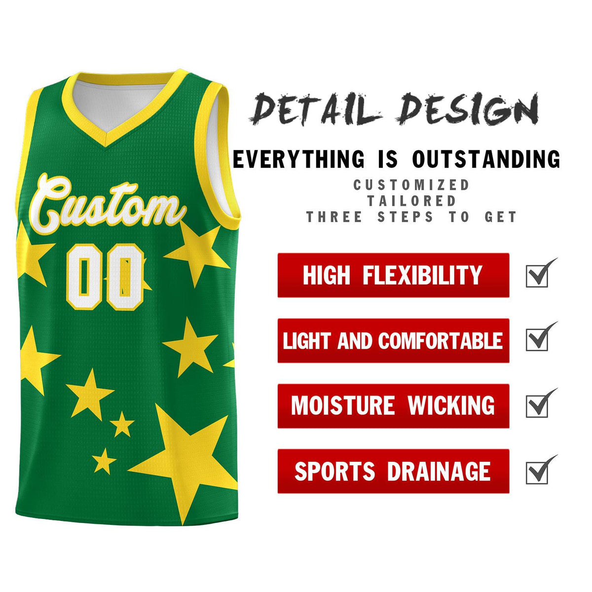 Custom Kelly Green Gold Graffiti Pattern Star Print Basketball Jersey Kits|KXKSHOP