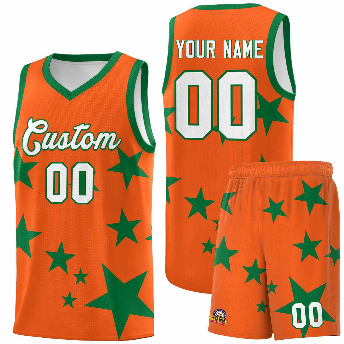 Custom Orange Kelly Green Graffiti Pattern Star Print Basketball Jersey Kits|KXKSHOP