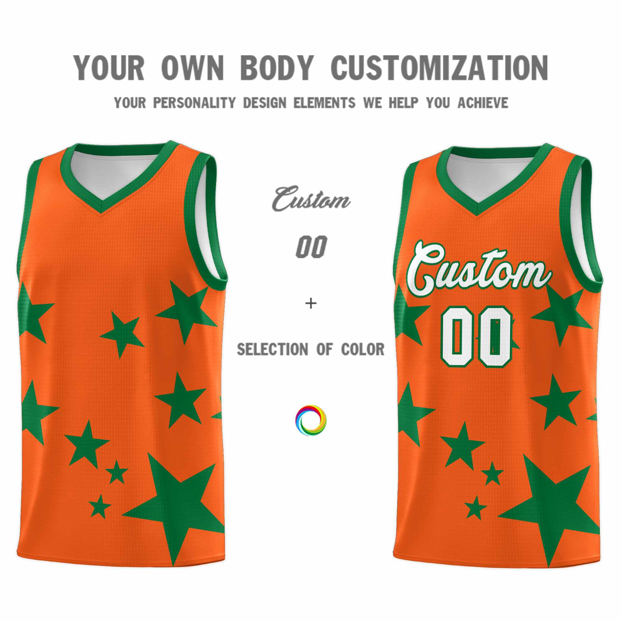 Custom Orange Kelly Green Graffiti Pattern Star Print Basketball Jersey Kits|KXKSHOP