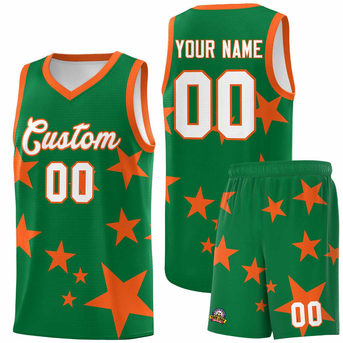 Custom Kelly Green Orange Graffiti Pattern Star Print Basketball Jersey Kits|KXKSHOP