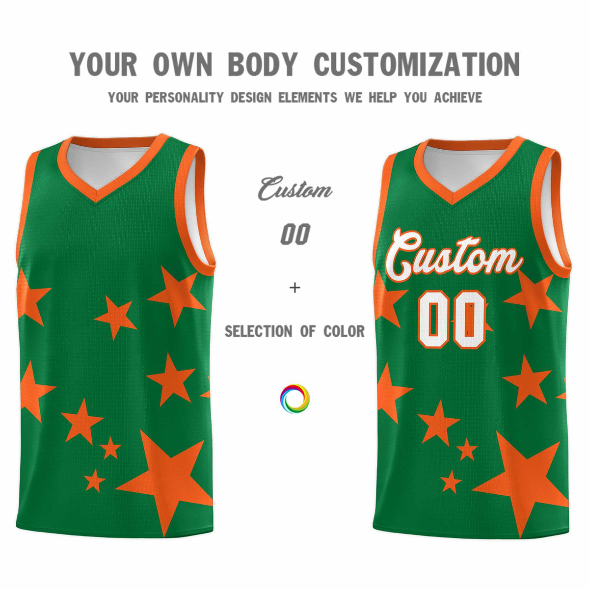 Custom Kelly Green Orange Graffiti Pattern Star Print Basketball Jersey Kits|KXKSHOP